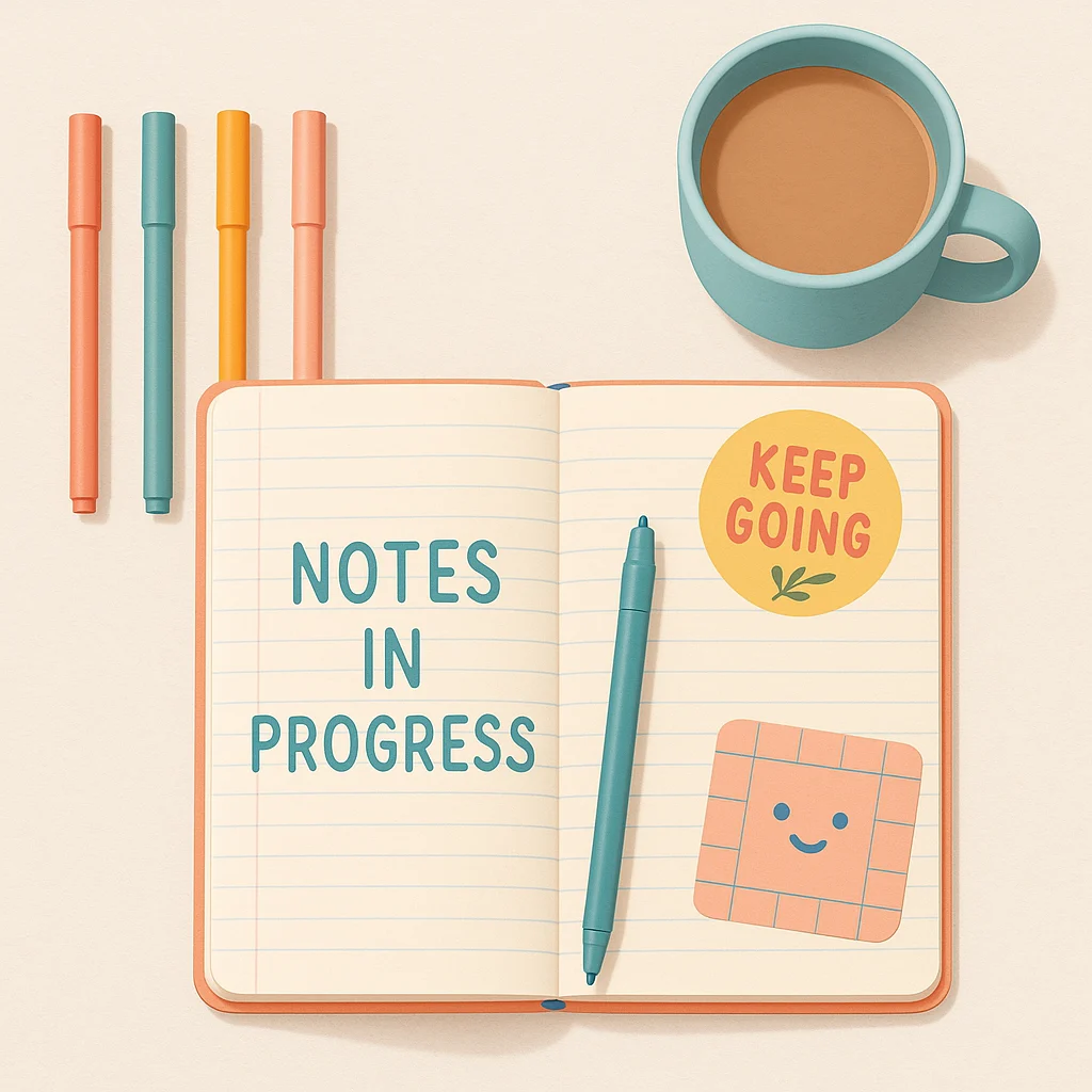 Notes in progress logo. Cartoon notebook with different colored pens and a blue coffee mug in the top right of the page.