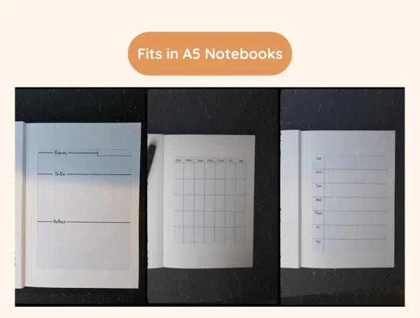 shows what the daily, monthly, and weekly sticker look like in an A5 sized notebook