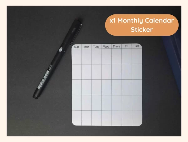 shows image of what monthly sticker looks like. White Matte sticker with a black fine liner pen on the side