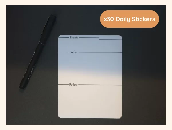 shows image of what daily page looks like. White Matte sticker with a black fine liner pen on the side