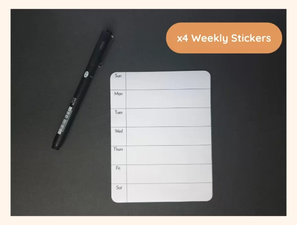 shows image of what weekly page looks like. White Matte sticker with a black fine liner pen on the side